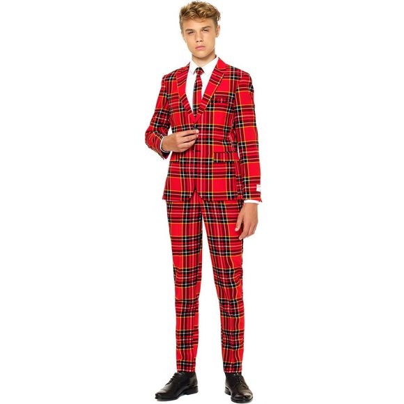 OppoSuits NWT Boys Lumberjack Red Plaid Suit - Jacket Pants & Tie 16